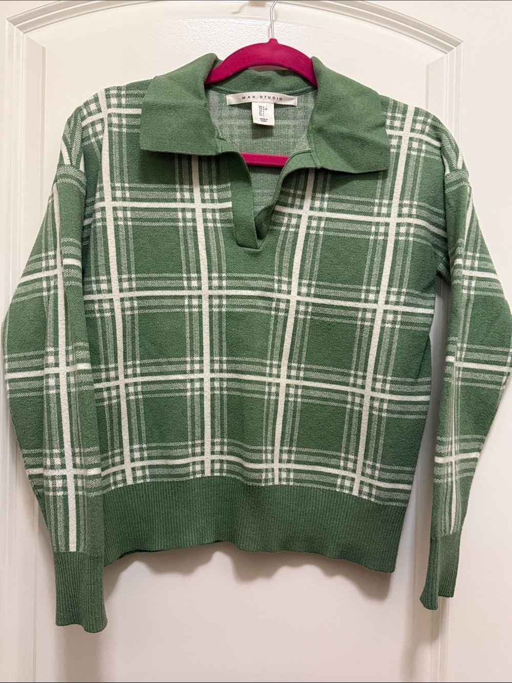 Max Studio Green and White Plaid Collared V-Neck Sweater